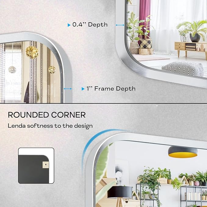Wall Mount Mirror for Bathroom, Brushed Silver Metal Framed Rounded Corner - Image 5
