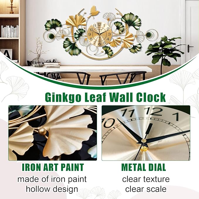 Big Wall Clock, Unique Ginkgo Leaf Decorative Wall Clocks, Luxury Metal Gold - Image 5
