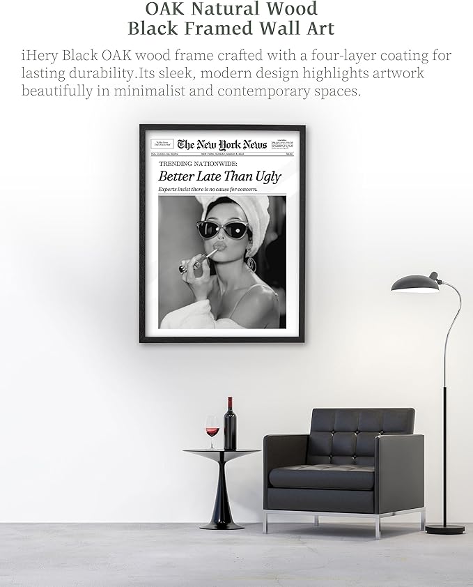 iHery Premium Natural Black OAK Wood 12x16in Audrey Hepburn Trendy Framed Wall - Image 2