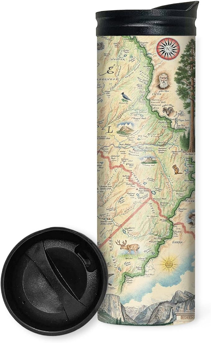 Xplorer Maps Yosemite National Park Map 16 Oz Travel Drinkware with Spill-Resistant Lid - Stainless Steel Vacuum Insulated Coffee Tumbler