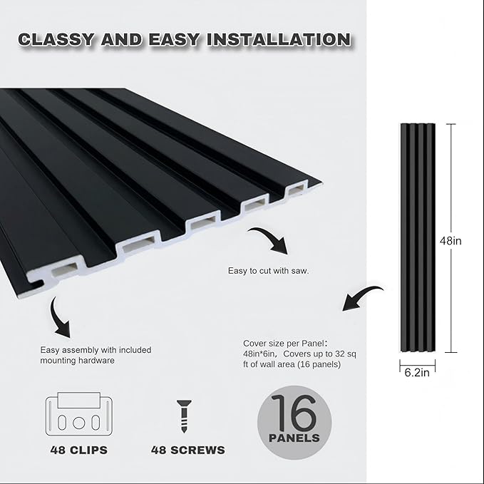 Black Wall Panels for Interior Wall Décor Wainscoting Panels 48x6.2x0.4in - Image 7