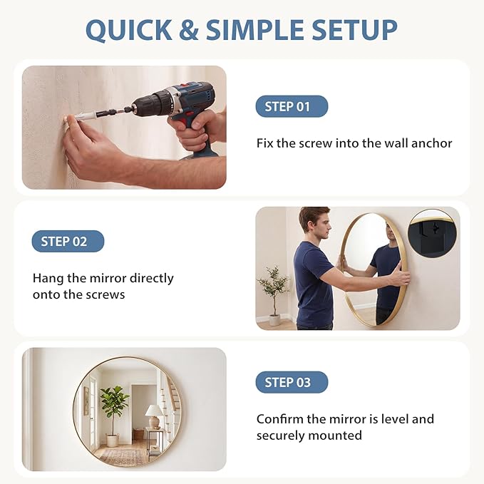 DUMOS 28-Inch Round Wall Mirror, Bathroom Wall Circle Mirror - Image 6