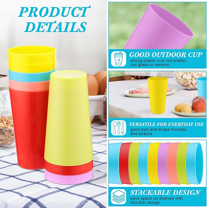 Uiifan 54 Pcs 18 oz Plastic Tumblers Reusable Drinking Cups for Summer Glasses Drinking Dishwasher Safe Stackable Unbreakable Large Tumbler for Kitchen Indoor Outdoor Dining Patio Picnic(Colorful)