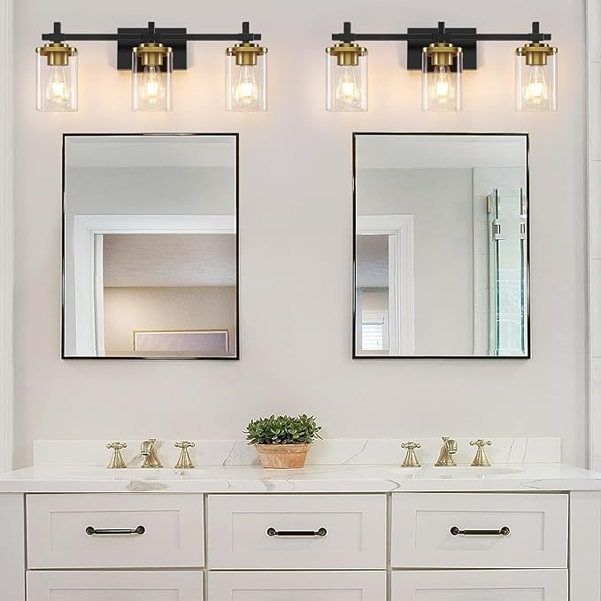 3-Lights Black and Gold Bathroom Light Fixtures Over Mirror, Modern Brushed - Image 4