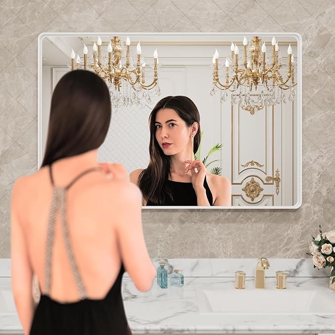 LOAAO 48x30 Inch White Metal Framed Bathroom Mirror - Image 2