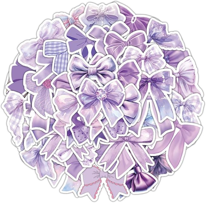 Purple Bow Stickers 55Pcs Vinyl Cute Aesthetic Bows Stickers for Water Bottle Scrapbook Laptop Luggage Helmet Bike Computer Motorcycle Skateboard,Waterproof Funny Trendy Decals for Teens Girls Women