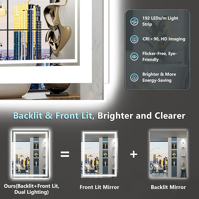 24x36 LED Bathroom Mirror with Lights, Backlit and Front Lit Anti-Fog Lighted - Image 3