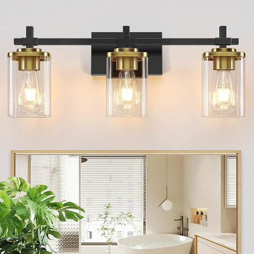 3-Lights Black and Gold Bathroom Light Fixtures Over Mirror, Modern Brushed by Spiglamm