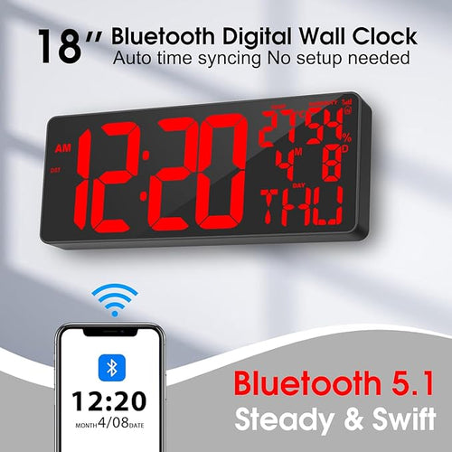 18" Digital Wall Clock Large Display/Bluetooth Sync Time, Large Wall Clock - Image 2