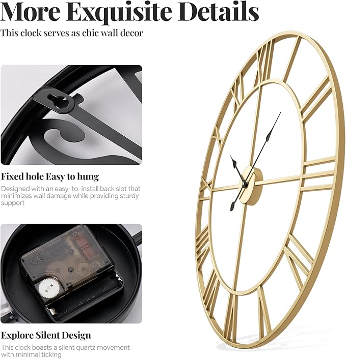 Cuspin 36 Inch Large Gold Wall Clock, Battery Operated Silent Non Ticking Metal - Image 5