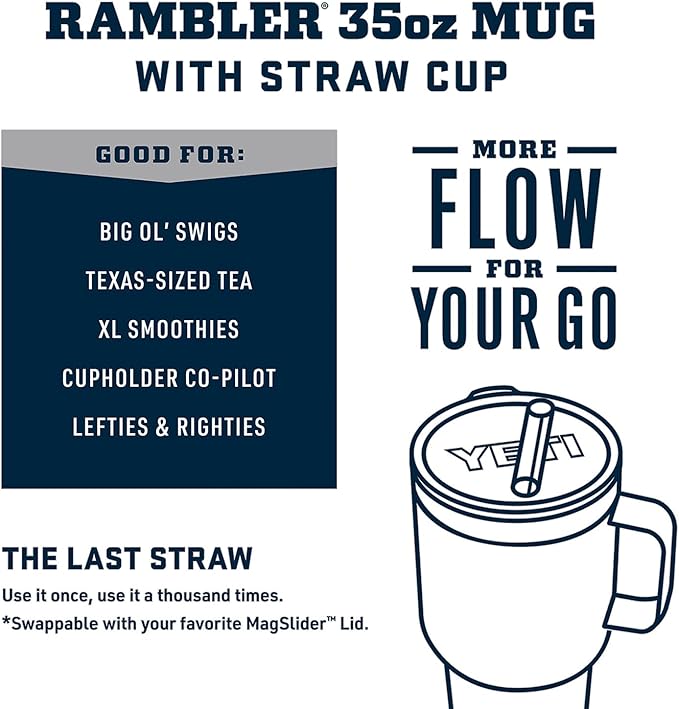 YETI Rambler 35 oz Tumbler with Handle and Straw Lid, Travel Mug Water Tumbler, Vacuum Insulated Cup with Handle, Stainless Steel, Reef Blue