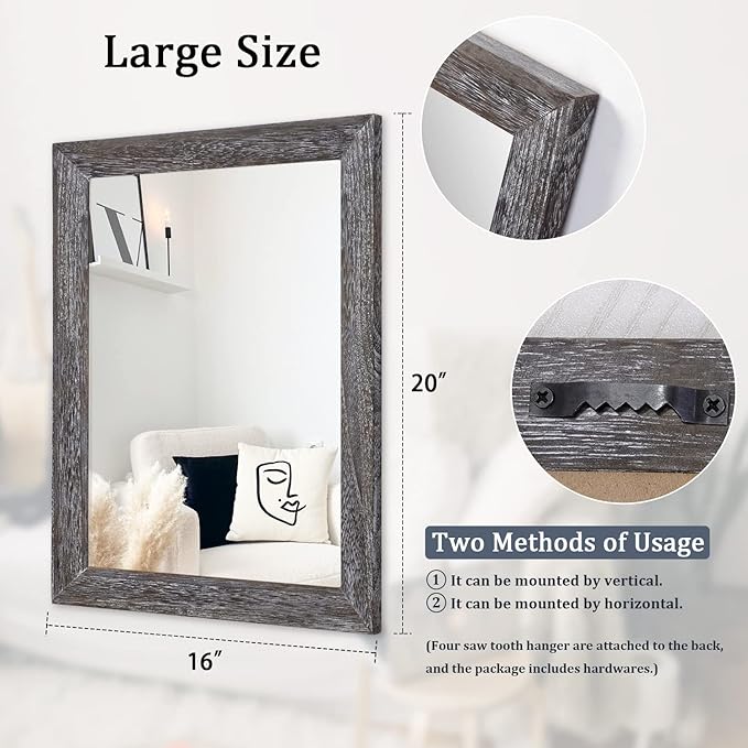 AAZZKANG Wall Mirror with Rectangle Wood Frame Large 20"x16" Rustic Decorative - Image 2