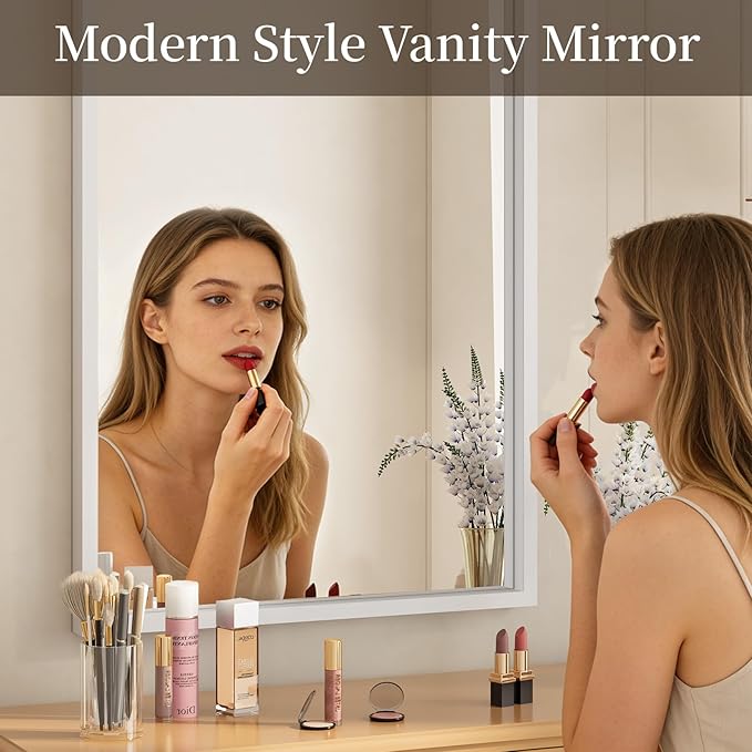 Syndra White Wood Frame Bathroom Mirror, Waterproof Slim Deep Frame, - Image 4