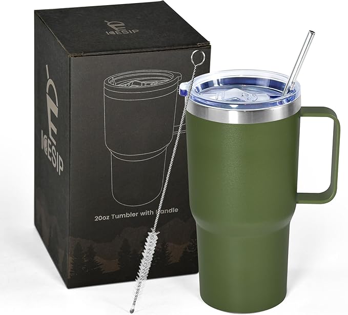 20 oz Tumbler with Handle, insulated cup coffee mug with lid, straw and handle, Double Wall Stainless Steel Vacuum Coffee Tumbler travel mug spill proof, 1pcs Army Green