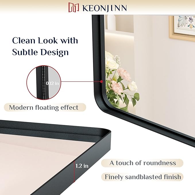 Keonjinn Black Bathroom Mirror, 55” x 30” Rounded Rectangle Sandblasted Finish - Image 3
