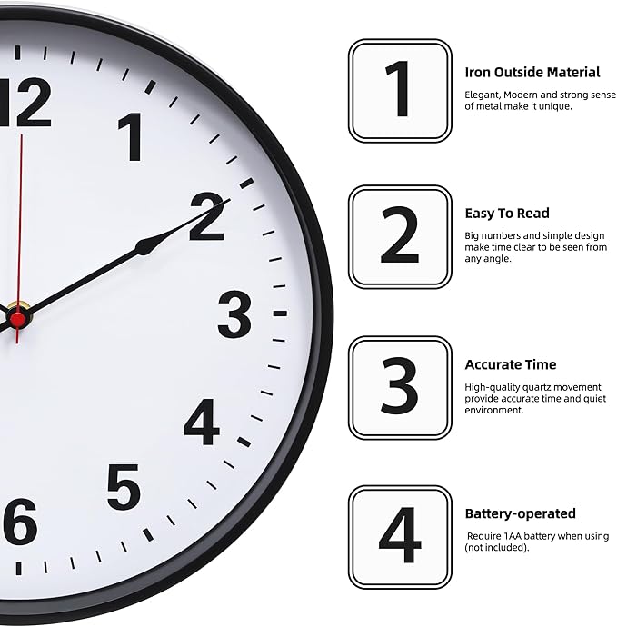 LEIKE Metal Wall Clock 12IN Black, Retro Silent Quartz Battery Operated - Image 2