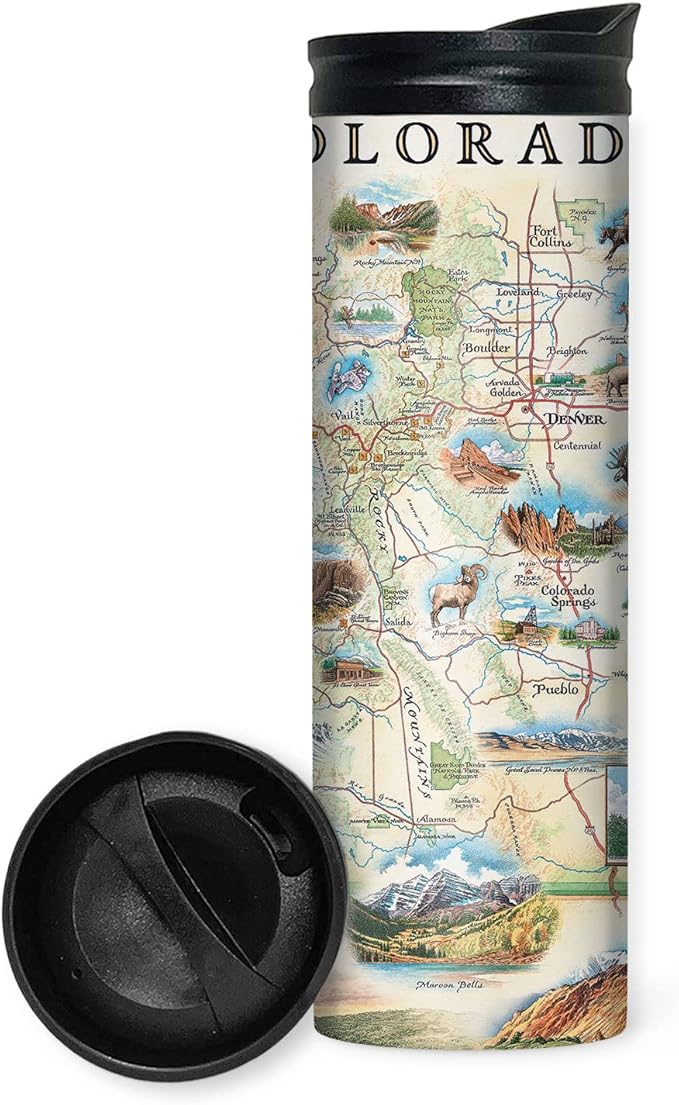 Xplorer Maps Colorado Map 16 Oz Travel Drinkware with Spill-Resistant Lid - Stainless Steel Vacuum Insulated Coffee Tumbler