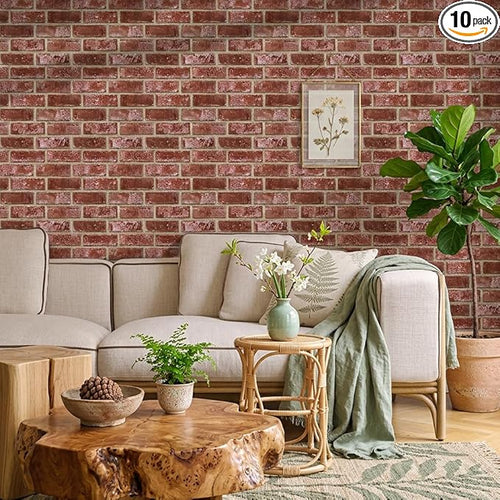 3D Peel and Stick Faux Brick Wall Panels 11.8" x 11.8" 10-Pack Red Orange by SMOOSTIKCDECOR