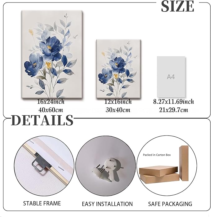KISSFOX Framed Colorful Wildflower Blue Canvas Wall Art Set Of 3 Flowers - Image 4