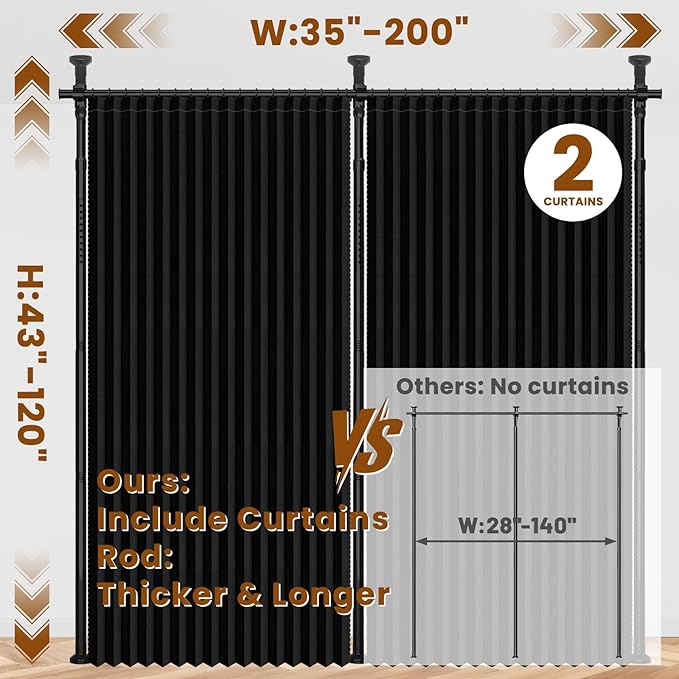 100% Blackout Room Divider Curtains Sets Black 2 Panels W100 x L84in No Drill - Image 2