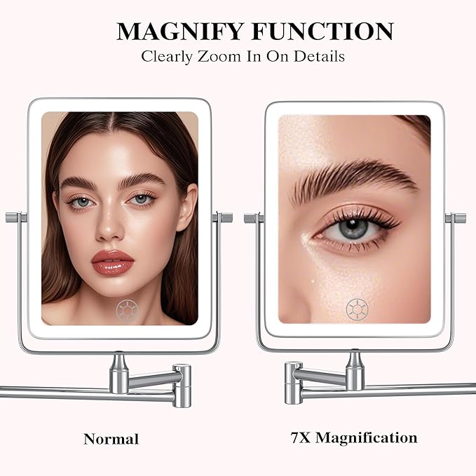 Wall Mounted Lighted Makeup Mirror, Rectangle Double Sided 1X/7X Magnifying - Image 2
