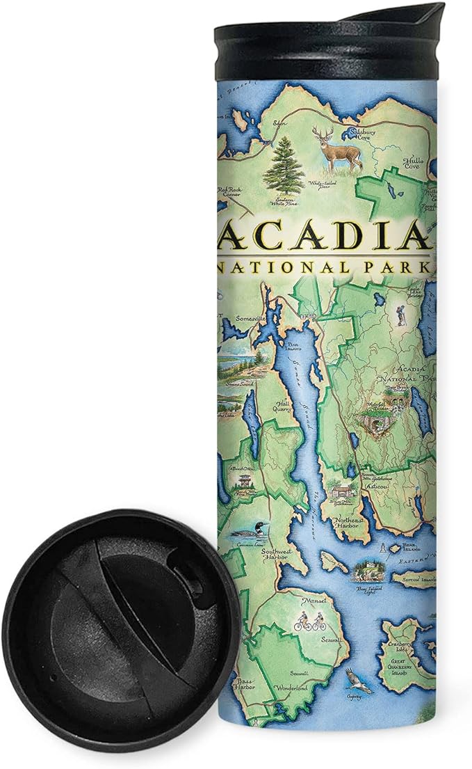 Xplorer Maps Acadia National Park Map 16 Oz Travel Drinkware with Spill-Resistant Lid - Stainless Steel Vacuum Insulated Coffee Tumbler