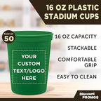 DISCOUNT PROMOS Custom Plastic Stadium Cups 16 oz. Set of 50, Personalized Bulk Pack - Perfect for Birthdays, Weddings, Picnic, Beach, Parties - Kelly Green