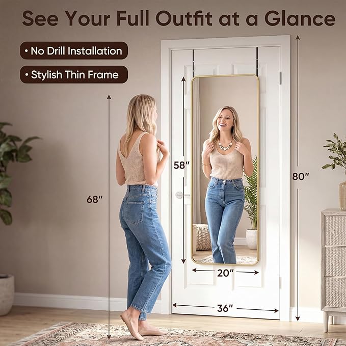Antok 58"x20" Over the Door Mirror, Full Length Mirror Door Hanging - Image 2