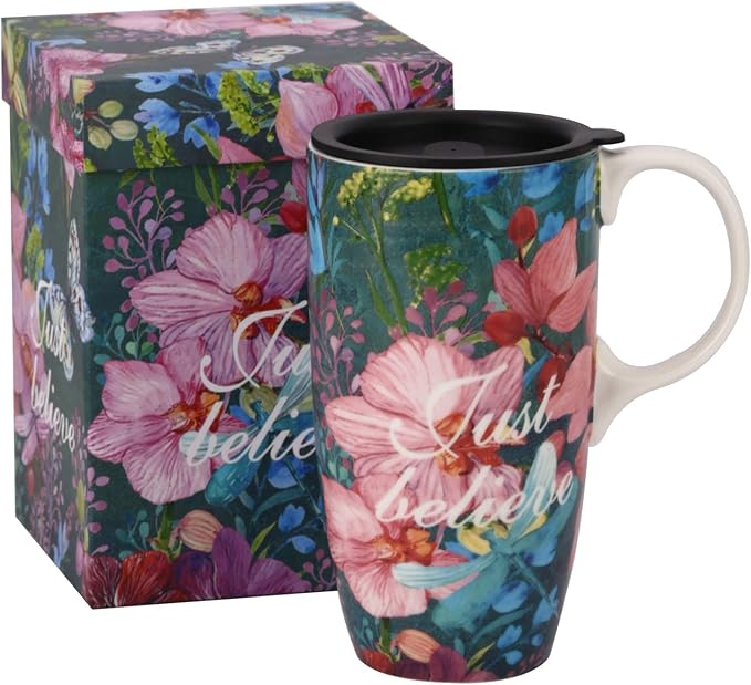 Topadorn Ceramic Coffee Cup 17 Oz Tall Ceramic Mug with Lid and Color Box, Perfect for Coffee and Tea, Just Believe