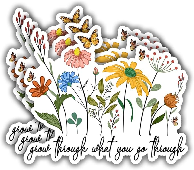 (3 pcs) Grow Through What You Go Through Motivational Sticker Floral for Tumbler, Funny Sarcastic Phrase Inspirational Quote Vinyl Decal for Kindle Laptop Water Bottle Phone Hard Hat - 3x2.6