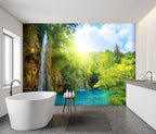 -Green Lake Waterfall Scenery Fabric Wallpaper Living Room Woodland Forest - Image 3