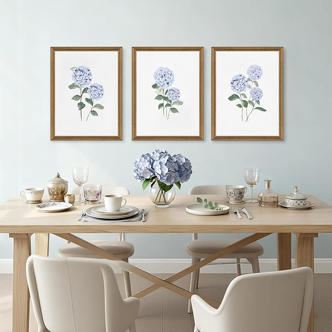WRFON Blue Hydrangea Framed Wall Art Set of 3, Watercolor Floral Botanical - Image 3