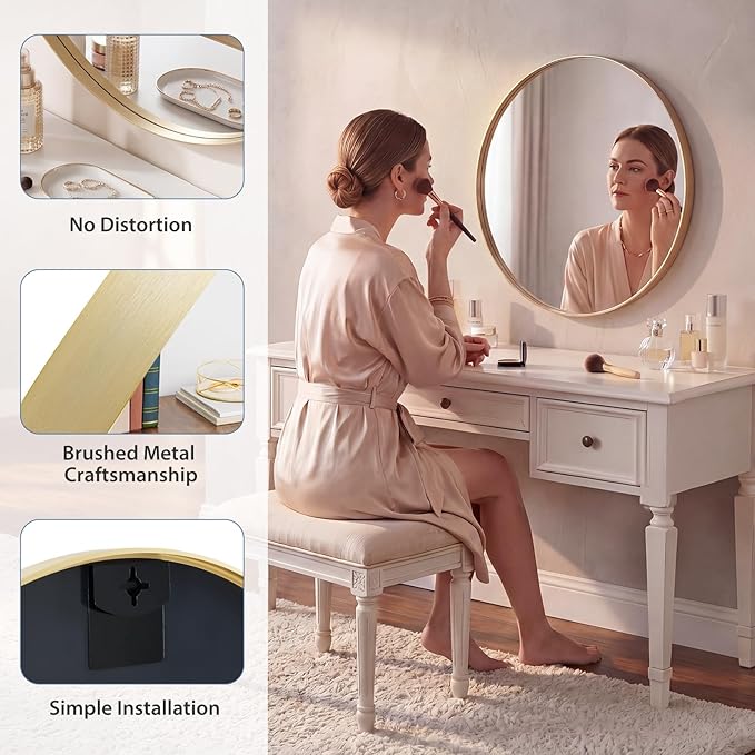 DUMOS 24-Inch Round Wall Mirror, Bathroom Wall Circle Mirror - Image 4