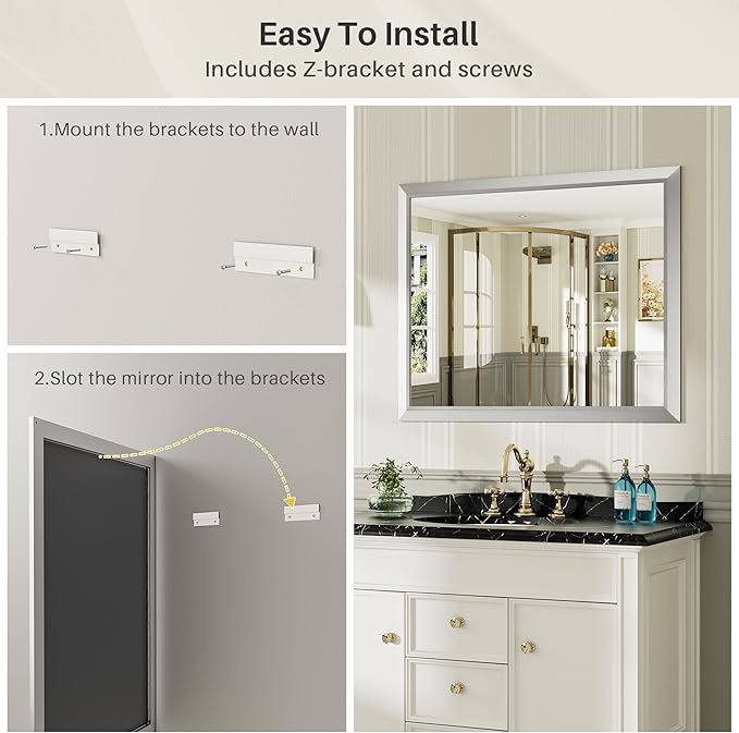 40x32 Inch Brushed Silver Bathroom Mirror - Image 7