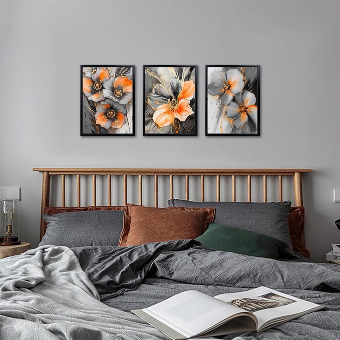 iKNOW FOTO 3 Piece Orange and Grey Abstract Flower Canvas Wall Art - Image 5