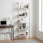aboxoo Ladder Shelf 2PCS White Marble Bookshelf 5-Tier Wall-Mounted Wood Rack - Image 10