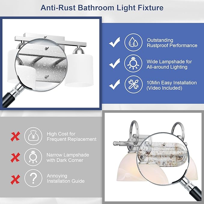 Bathroom Lighting Fixtures Over Mirror Brushed Nickel, Anti-Rust 2-Light - Image 6