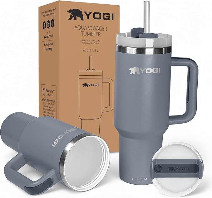 YOGI Ceramic Lined Tumbler with Handle and Straw Lid, Stainless Steel Travel Mug & Water Tumbler, Vacuum Sealed Cup with Handle - 30oz Mystic Slate