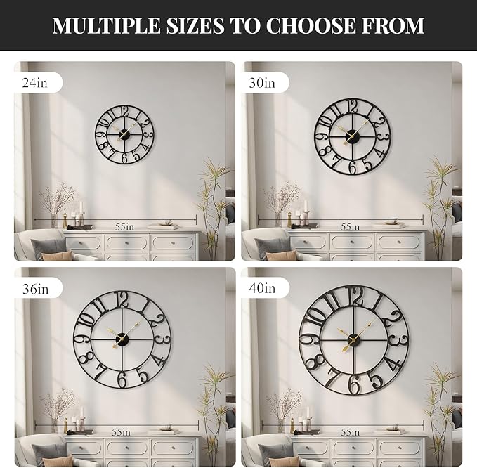 40 Inch Large Wall Clock, Silent Non-Ticking Battery Operated Black Metal Wall - Image 7