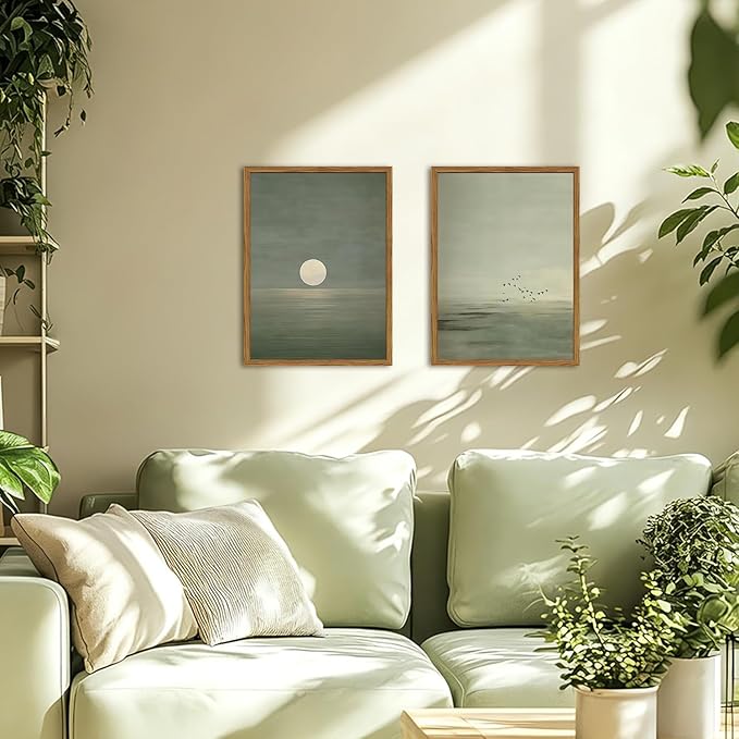 Framed Sage Green Japanese Canvas Wall Art Set of 2, Minimalist Moon and Birds - Image 2