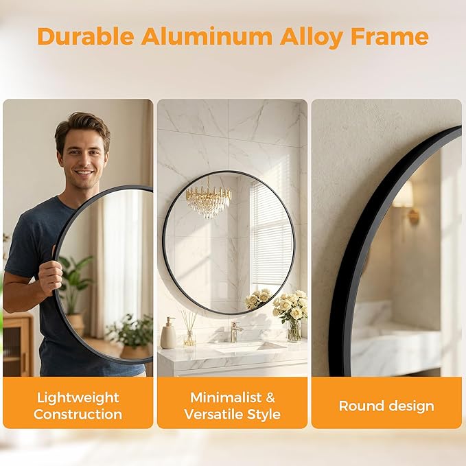 OLIXIS 30 Inch Black Round Bathroom Wall Mirror, Round Bathroom Mirrors - Image 3