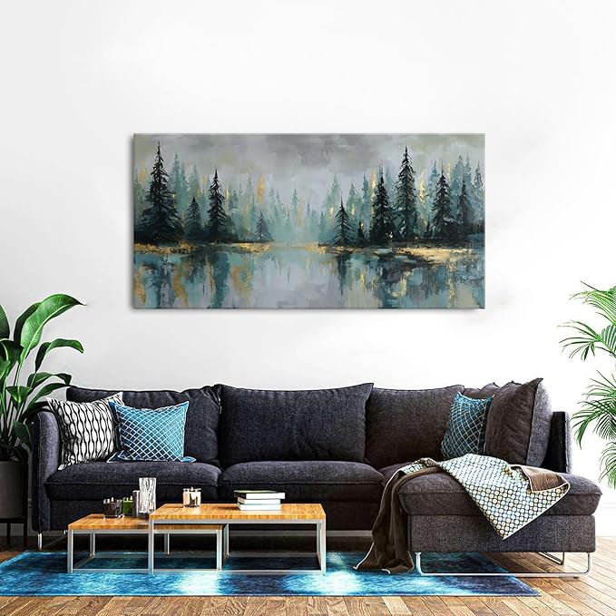Green Forest Wall Art Vintage Fog Pine Trees Landscape Wall Decor Nature Green - Image 5