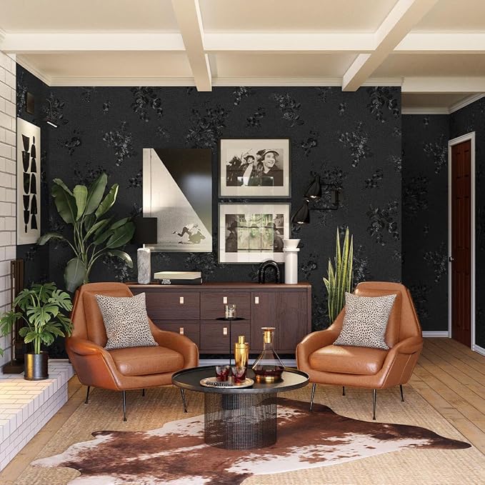 Black Peel and Stick Wallpaper Silk Embossed Floral Contact Paper - Image 3