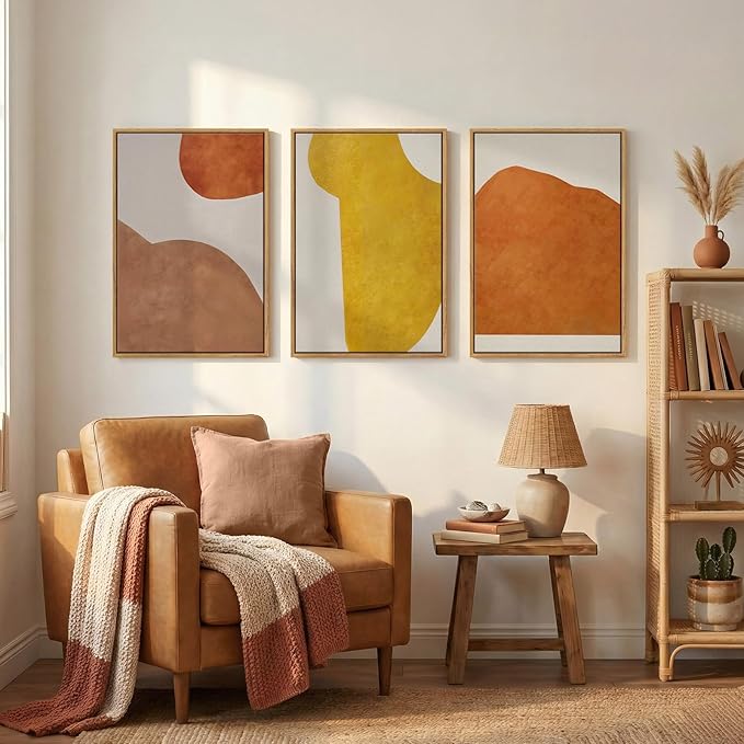 Framed Orange Abstract Boho Wall Art Bedroom, 3 Piece Neutral Mid Century - Image 8