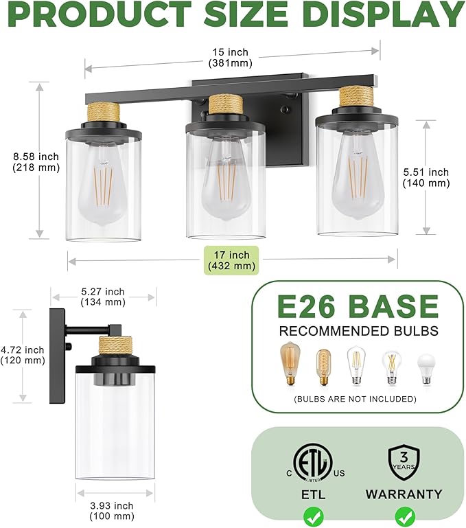 DORESshop 17 Inch Bathroom Light Fixtures, 3-Light Black & Rope Bathroom - Image 5