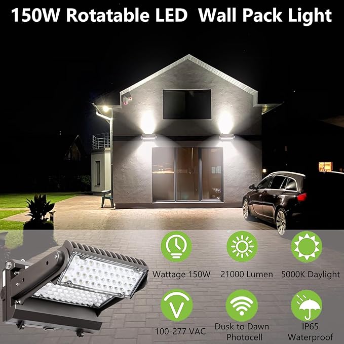 Dusk to Dawn 150W Rotatable LED Wall Pack Light, 5000K 21000LM 800-1000W - Image 2