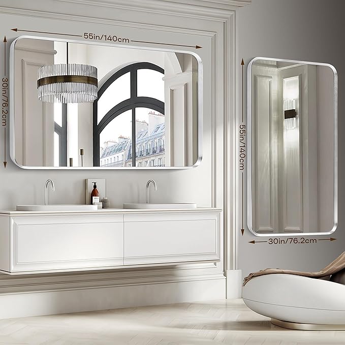 Brushed Nickel Bathroom Wall Mirror, Tempered Glass, Shatter Proof, Hangs - Image 3