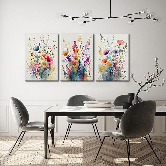 KISSFOX 3 Piece Colorful Flower Framed Wall Art Decor Watercolor Botanical - Image 5