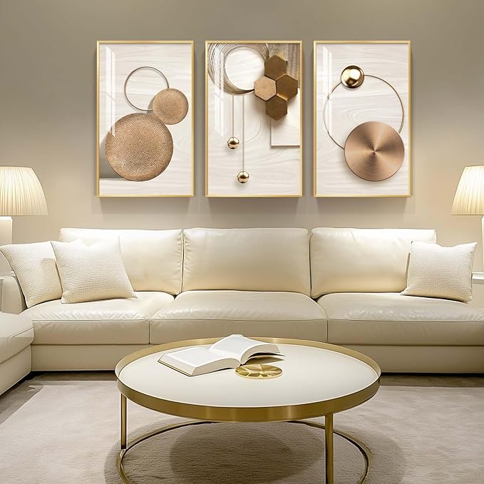 Large Modern Elegant Gold Framed Luxury Wall Art, 3 Piece Bright Glam Art - Image 3
