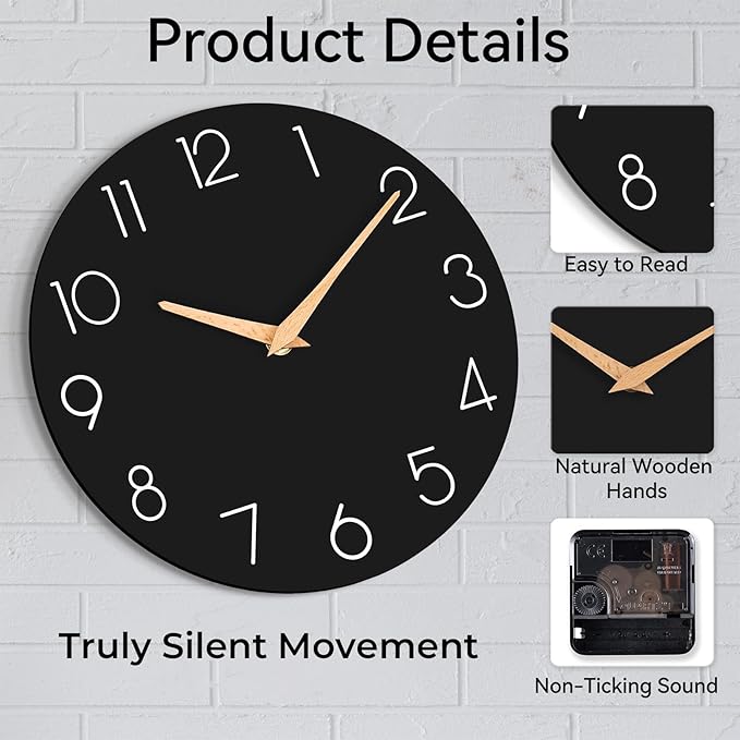 cicininc Wall Clock, 14 Inch Wooden Silent Non-Ticking, Decorative Battery - Image 4